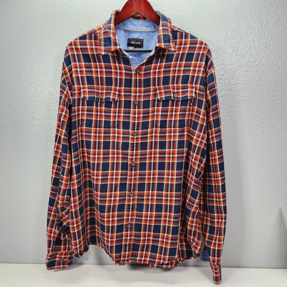 Marmot Plaid Flannel Shirt Men's XL Orange & Blue Long Sleeve Button